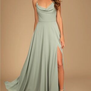 Lulu’s | Romantically Speaking Sage Green Cowl Lace-Up Maxi Dress